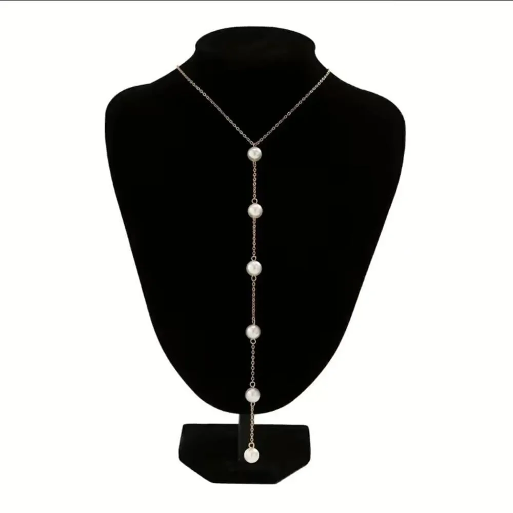 Pearl Y Shaped Necklace Long Pendant Dainty Pearl Drop Silvery or Golden Chain - Picture 8 of 13